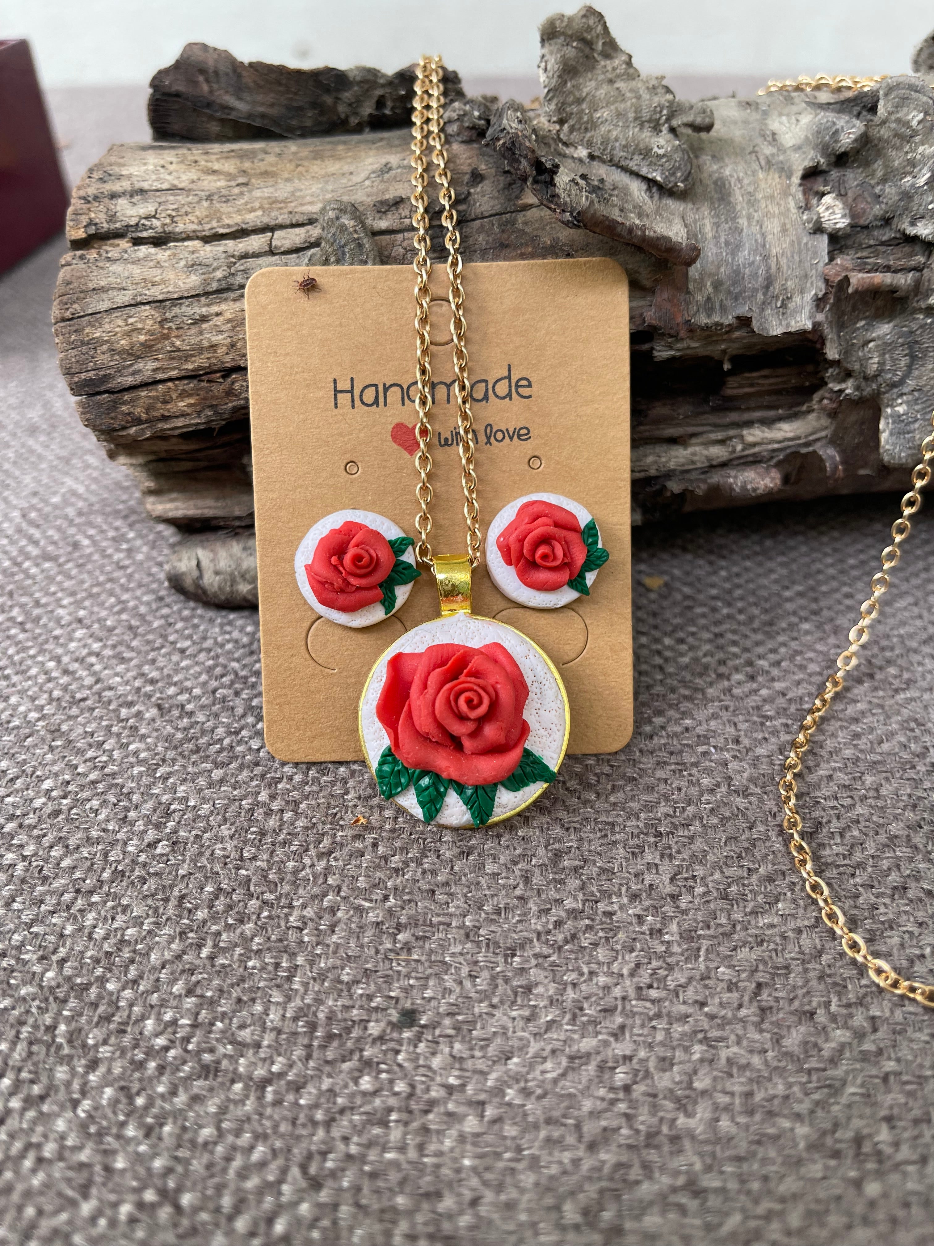 Single Rose Clay Pendant Set (3 piece)