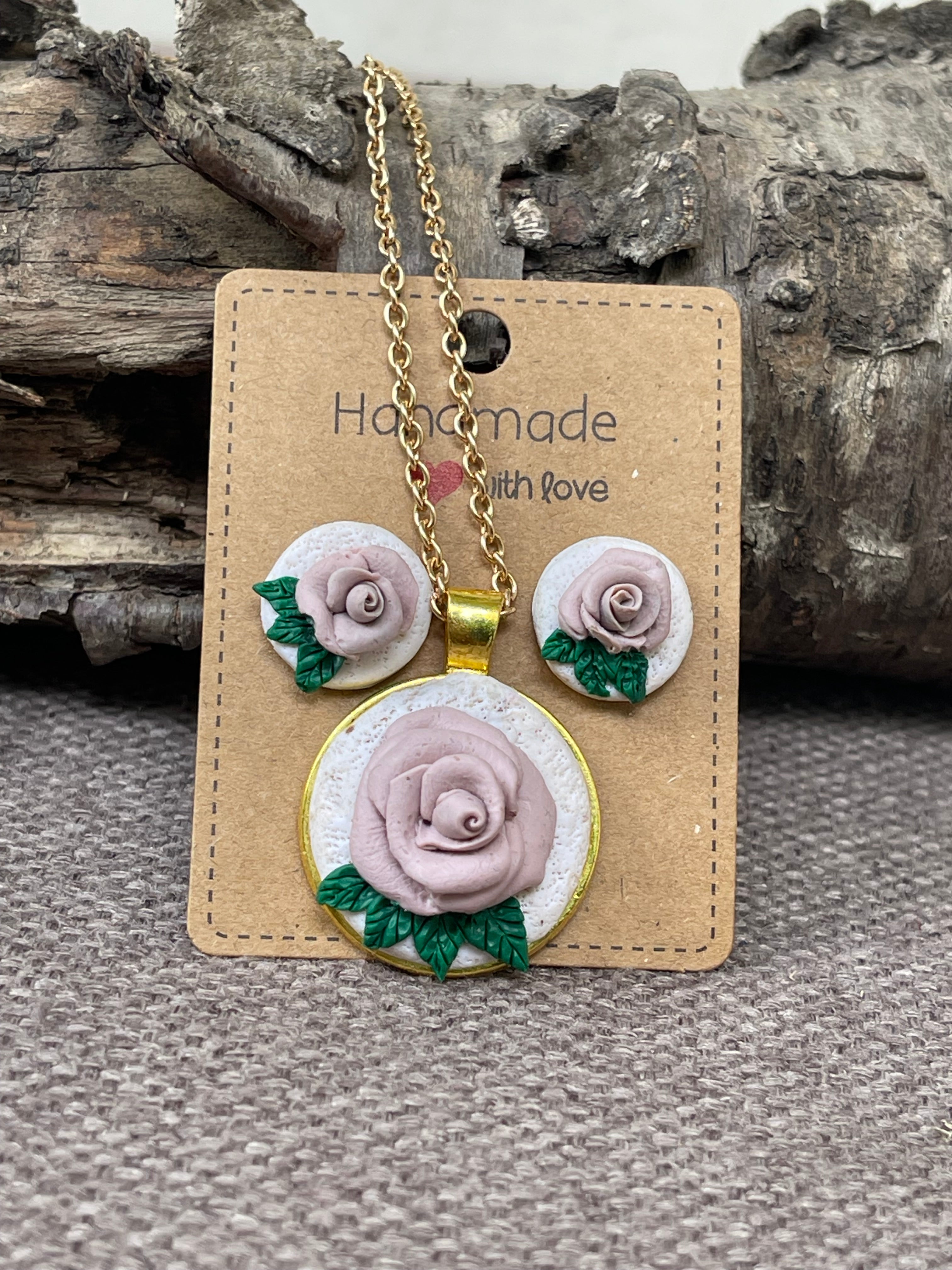 Single Rose Clay Pendant Set (3 piece)