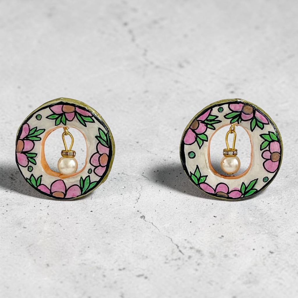 Hand-Drawn Floral Pearl Studs