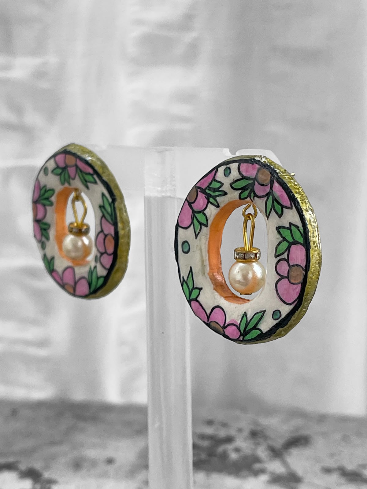 Hand-Drawn Floral Pearl Studs