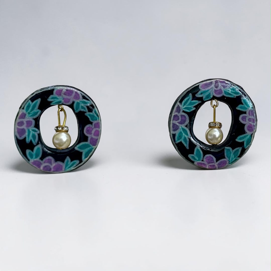 Hand-Drawn Floral Pearl Studs