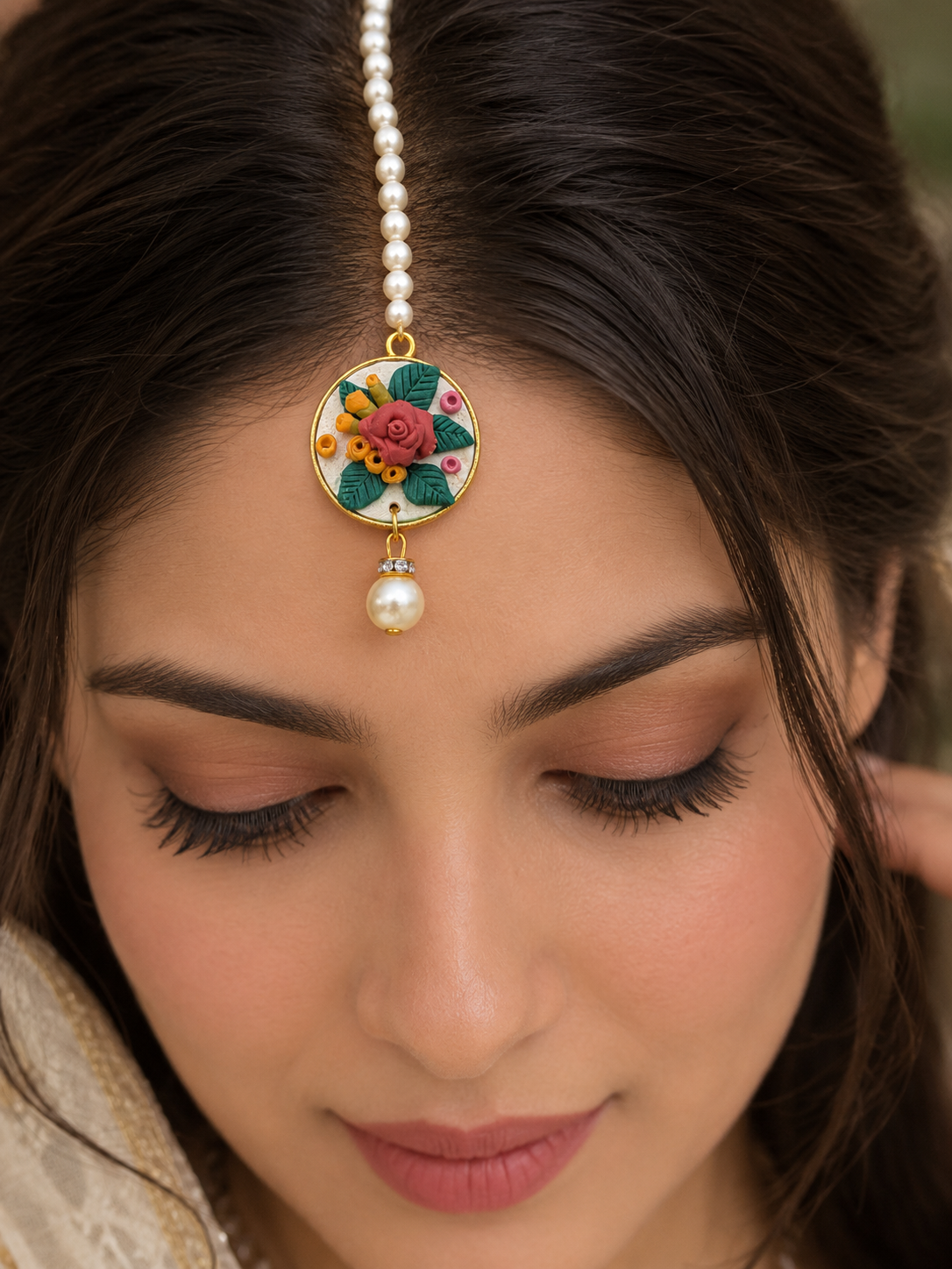 Floral Bindiya with Pearl Hanging